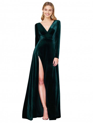 Long Sleeves V-Neck A-Line Stretch Velvet Black Tie Evening Gown / Prom Dress / Bridesmaid Dress Worcester