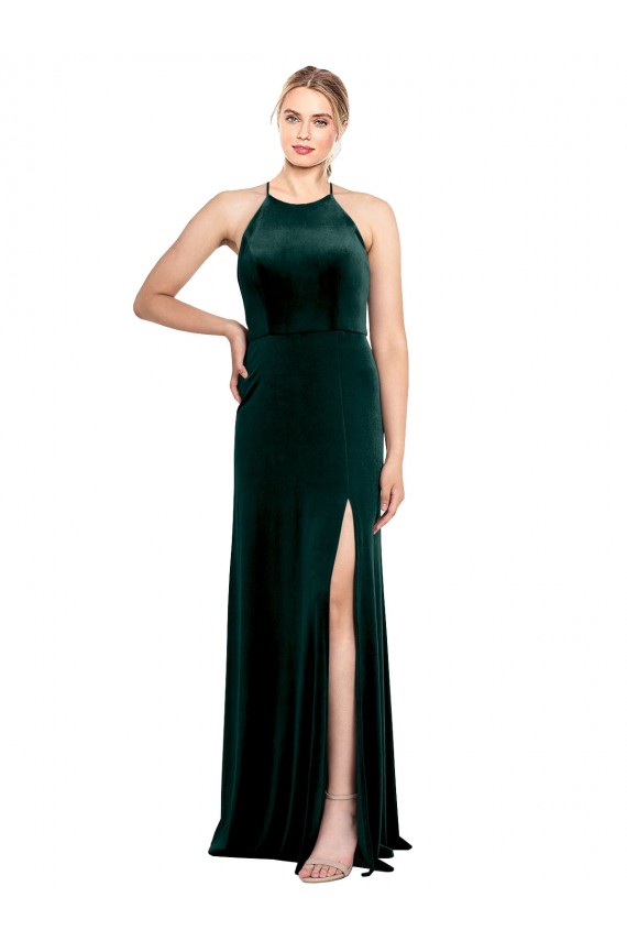 Keyhole Back Dark Green Sleeveless Spaghetti Straps A-Line Stretch Velvet Prom Dress / Bridesmaid Dress Worcester