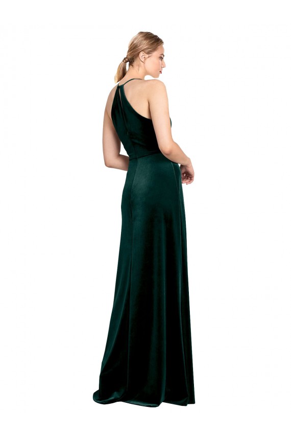 Keyhole Back Dark Green Sleeveless Spaghetti Straps A-Line Stretch Velvet Prom Dress / Bridesmaid Dress Worcester