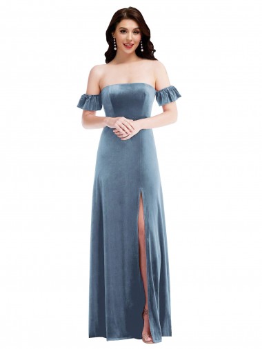 Low Back Ruffle Sleeves Off the Shoulder A-Line Stretch Velvet Formal Dress / Bridesmaid Dress Worcester