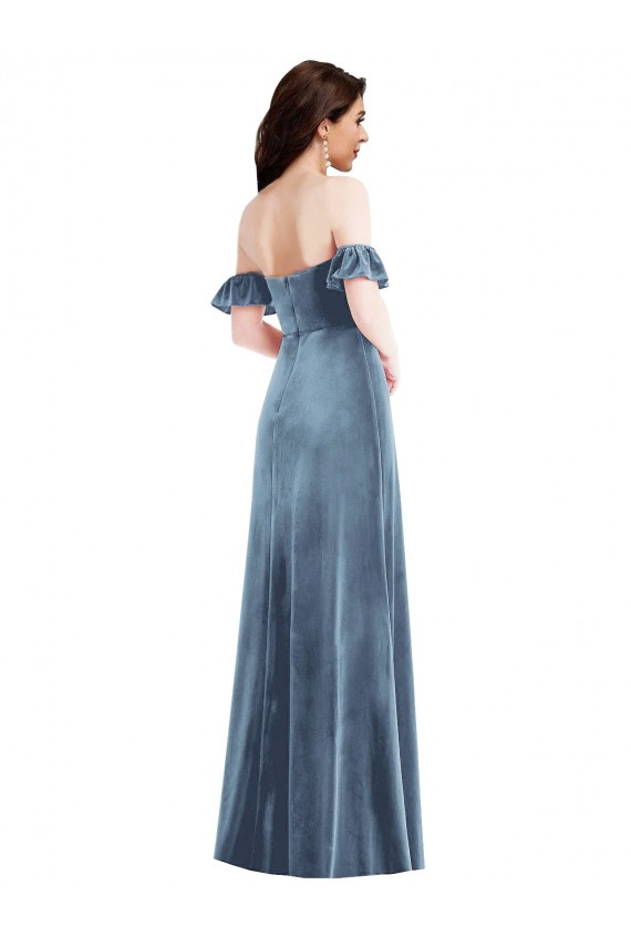 Low Back Ruffle Sleeves Off the Shoulder A-Line Stretch Velvet Formal Dress / Bridesmaid Dress Worcester