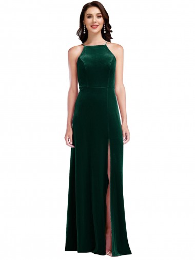 Sleeveless Halter Neck A-Line Stretch Velvet Semi Formal Evening Dress / Prom Dress / Bridesmaid Dress Worcester