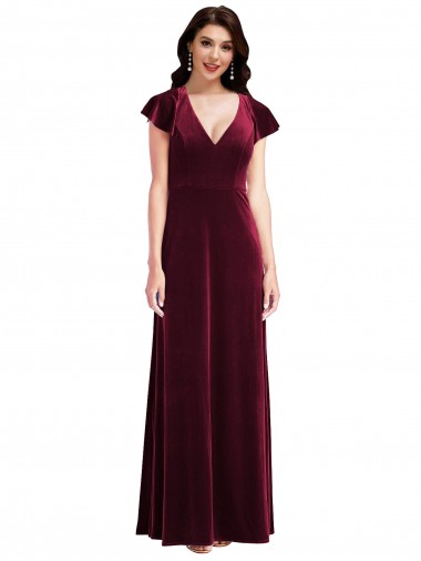 Flutter Sleeves V-Neck A-Line Stretch Velvet Semi Formal Evening Dress / Prom Dress / Bridesmaid Dress Worcester