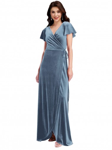 Flutter Sleeves V-Neck A-Line Stretch Velvet Black Tie Evening Gown / Prom Dress / Bridesmaid Dress Worcester