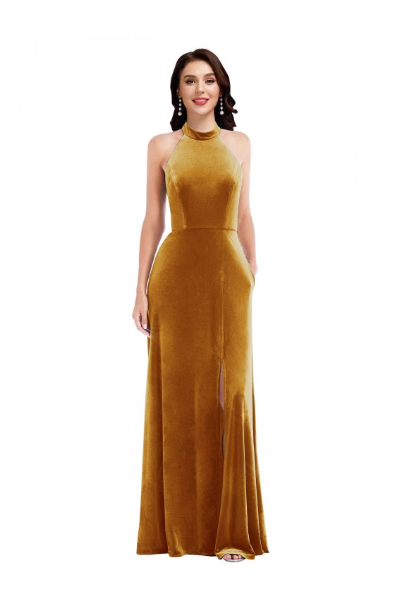 Keyhole Back Sleeveless Halter Neck Trumpet Stretch Velvet Semi Formal Evening Dress / Prom Dress / Bridesmaid Dress Worcester