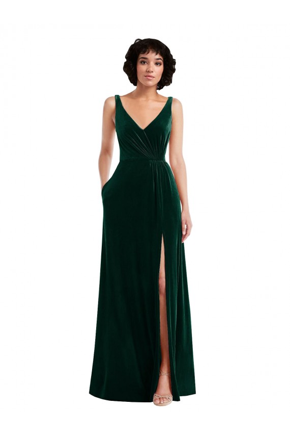 V-Back Dark Green Sleeveless V-Neck A-Line Stretch Velvet Bridesmaid Dress / Evening Dress Worcester