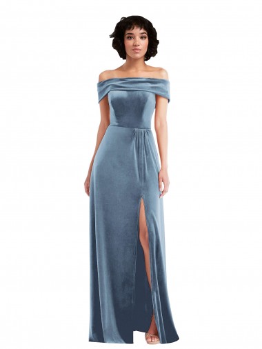 Dusty Blue Sleeveless Off the Shoulder A-Line Stretch Velvet Semi Formal Evening Dress / Prom Dress / Bridesmaid Dress Worcester