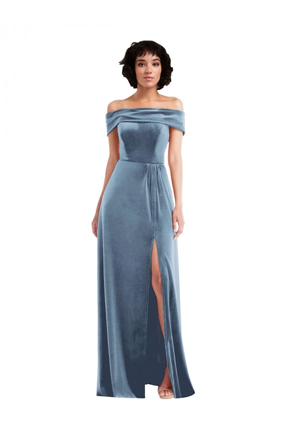 Dusty Blue Sleeveless Off the Shoulder A-Line Stretch Velvet Semi Formal Evening Dress / Prom Dress / Bridesmaid Dress Worcester