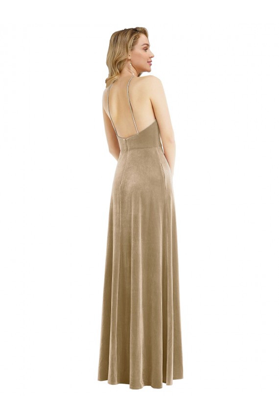 Open Back Sleeveless Halter Neck A-Line Stretch Velvet Semi Formal Evening Dress / Prom Dress / Bridesmaid Dress Worcester