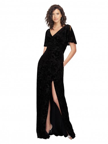 V-Back Short Split Sleeves V-Neck A-Line Floral Velvet & Stretch Velvet Bridesmaid Dress Worcester