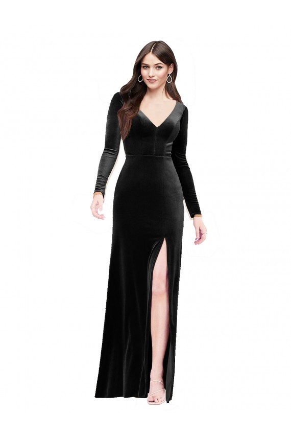 V-Back Long Sleeves V-Neck Column Stretch Velvet Formal Evening Gown / Prom Dress / Bridesmaid Dress Worcester