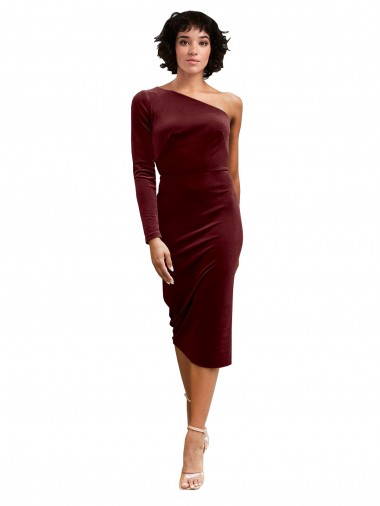 Long Sleeves One Shoulder A-Line Stretch Velvet Black Tie Prom Dress / Bridesmaid Dress Worcester