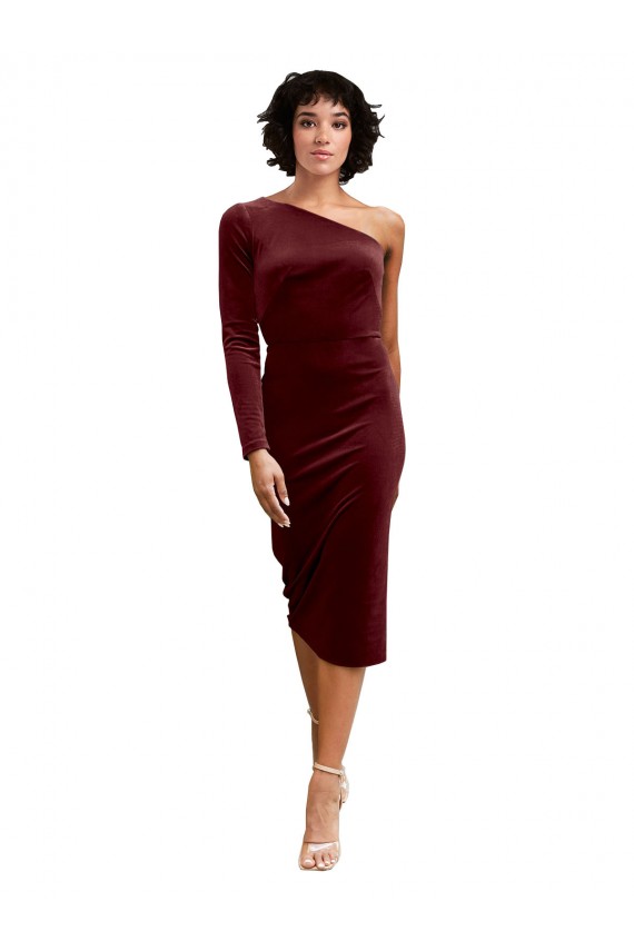 Long Sleeves One Shoulder A-Line Stretch Velvet Black Tie Prom Dress / Bridesmaid Dress Worcester