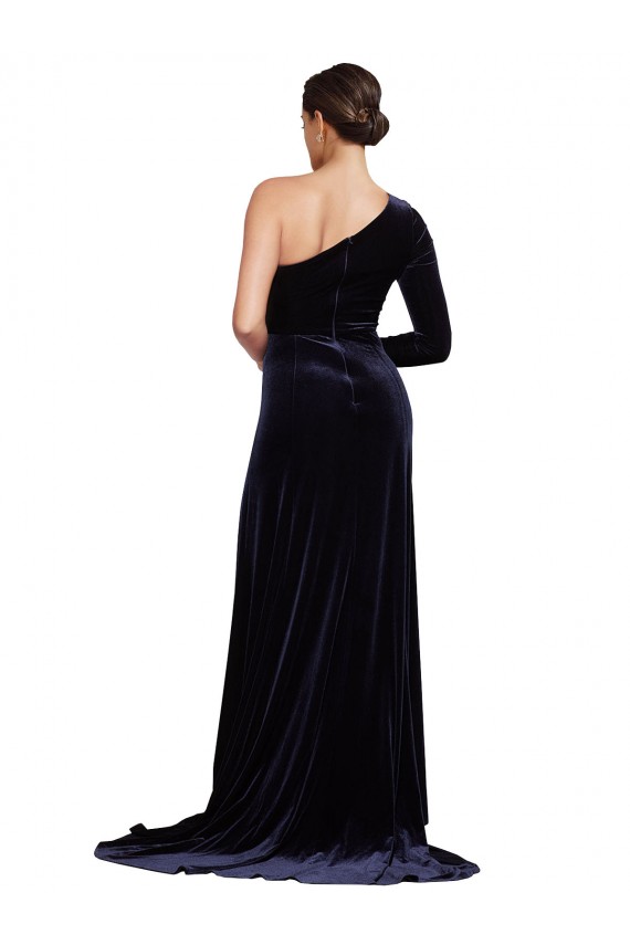 Long Sleeves One Shoulder A-Line Stretch Velvet Formal Evening Gown / Prom Dress / Bridesmaid Dress Worcester