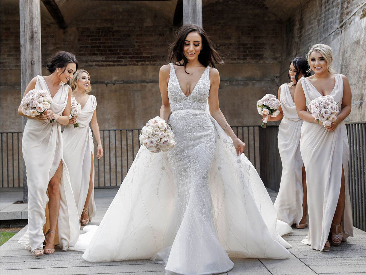 Full Length Luxe Chiffon Long Champagne bridesmaid dresses Worcester with Sexy High Slit and Front Ruffles