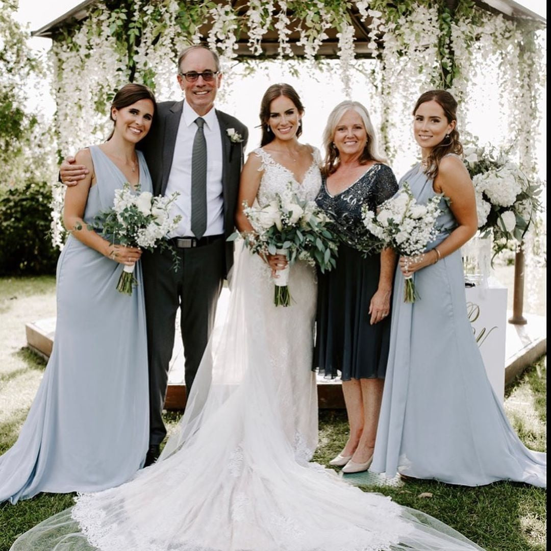 Dusty Blue Full Length Luxe Chiffon Long Champagne bridesmaid dresses Worcester with Sexy High Slit and Front Ruffles